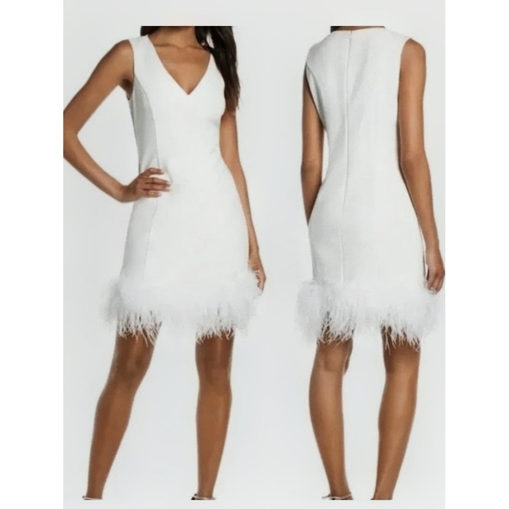 Eliza J Womens White Feather Hem V Neck Sheath Cocktail Mini Dress Size 8 NWT